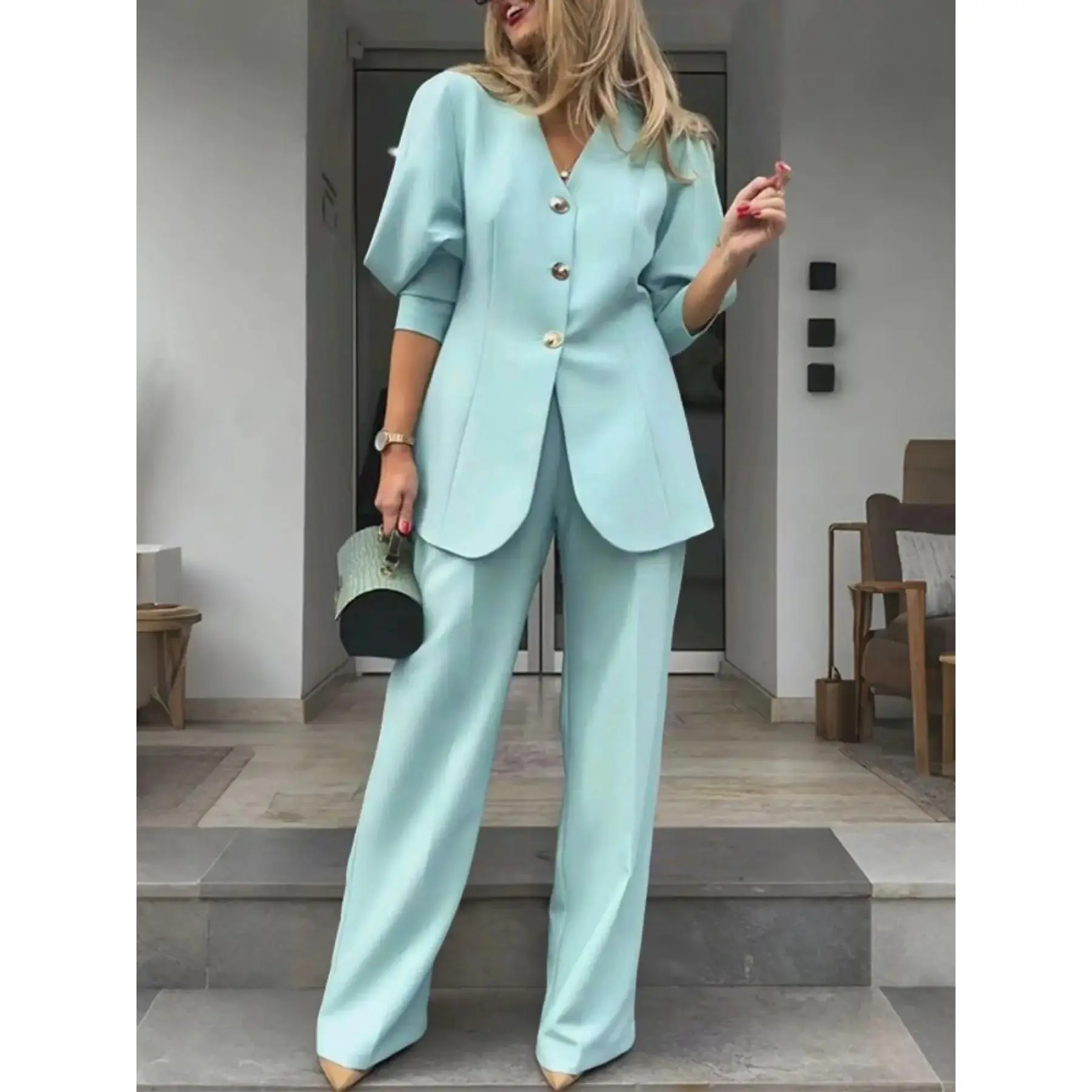 Women's Elegant Suit Set, Autumn Fashion Jacket and Pocket Design Pants, Work and Commute Two-Piece Set, Stylish Office Wear