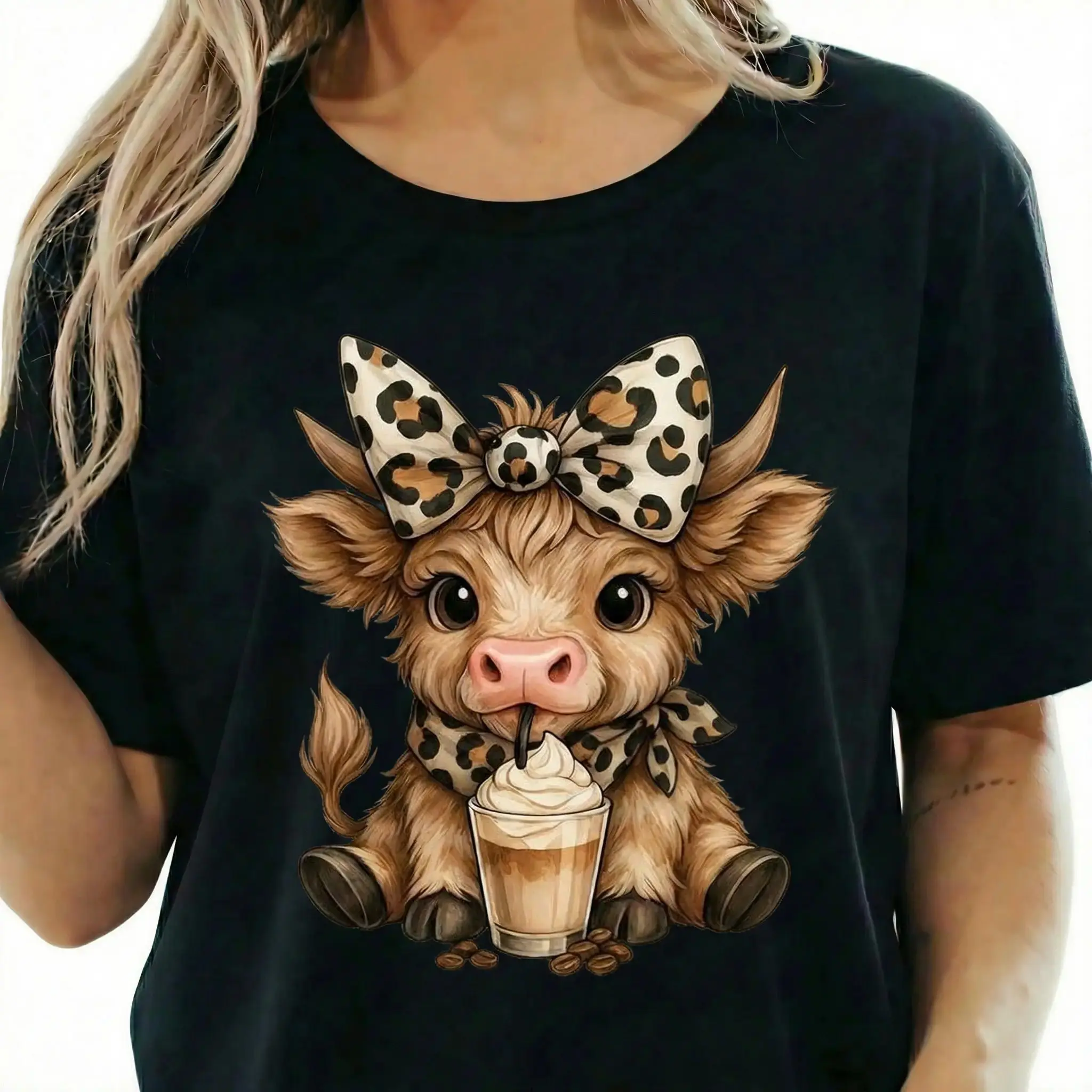 Summer Highland Cow Shirt Cute Coquette Graphic Tee Women Heart Glasses Red Bow Lollipop Animal Lover Oversized Fit Comfy Top Sweet Gift