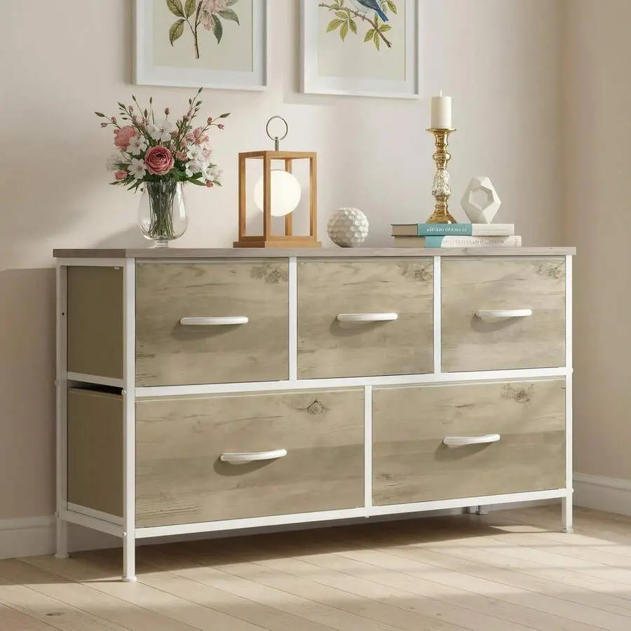 Retro 5-Drawer Single Unit Dresser - Space Saver Indoor Cabinet Furniture with Wooden Top, Metal Frame, PU Leather Accents, Multi-Use for Living Room, Hallway