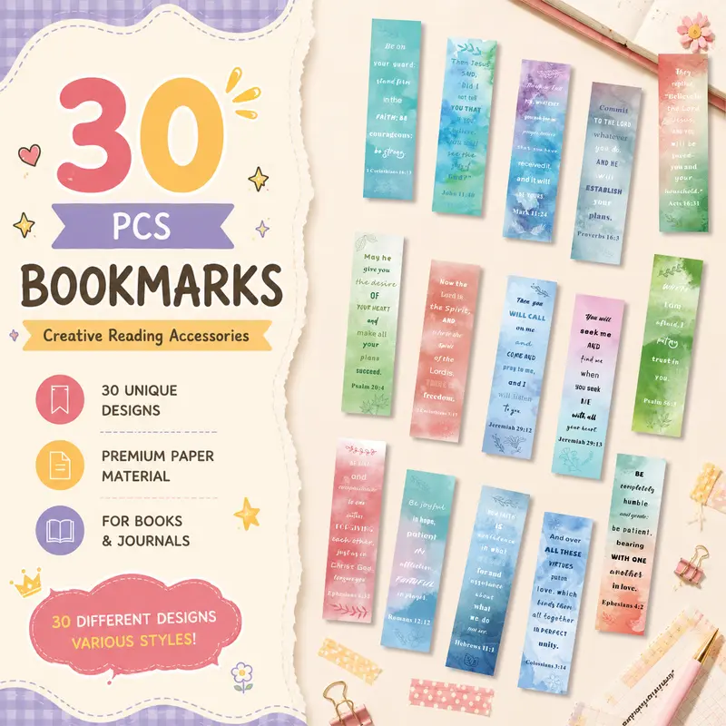 30PCS Bible Verses Aesthetic Bookmarks for Reading, Creative Page Markers for Books, Students, Office Supplies and Gift Decoration