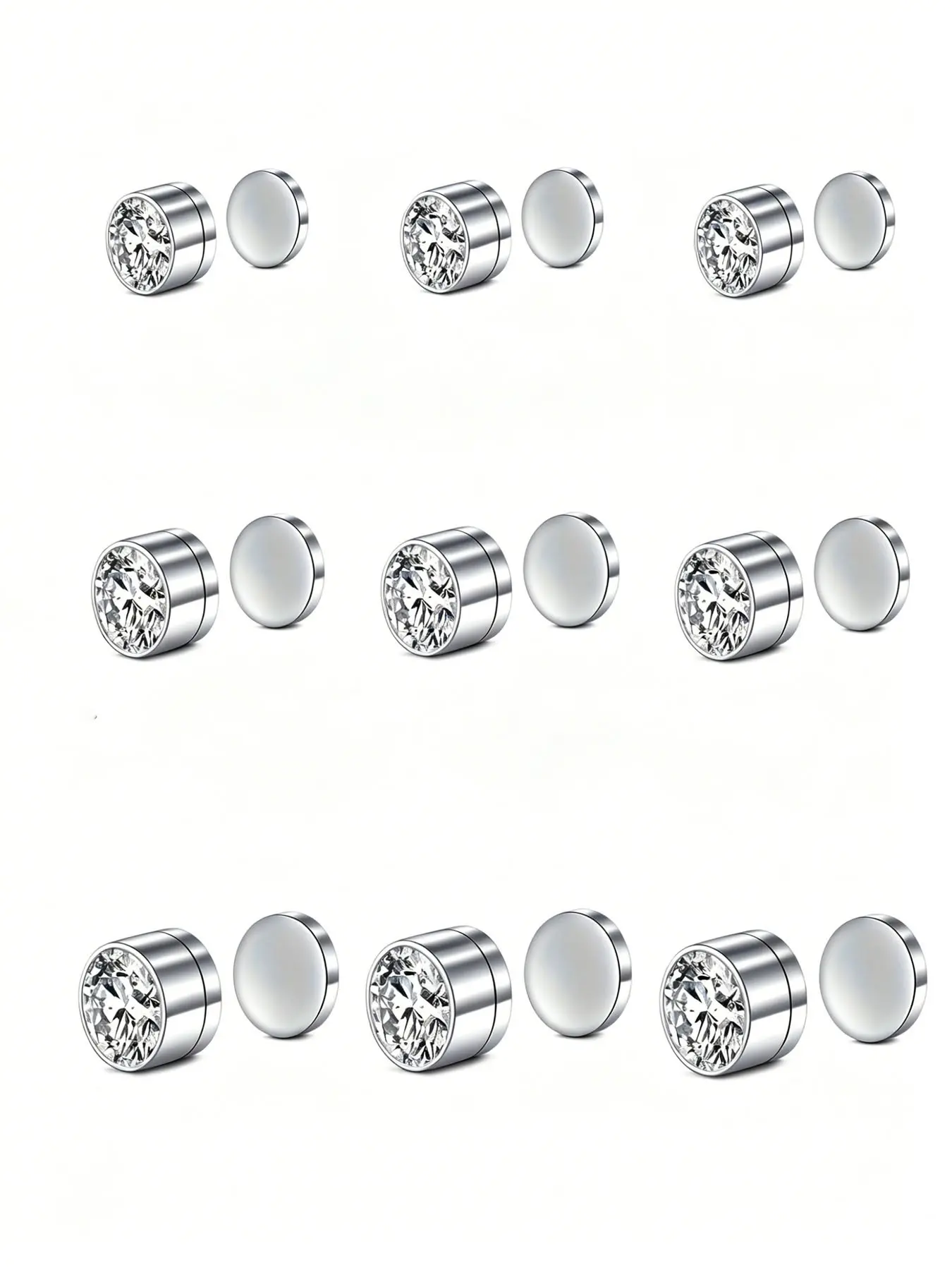 Stainless Steel Magnetic Stud Earring Set, No Piercing Required Clear CZ Magnet Fake Nose Ear Piercing Jewelry, 3 Sizes 3mm/4mm/5mm Non-Pierced Reusable Magnet Studs for Women Men