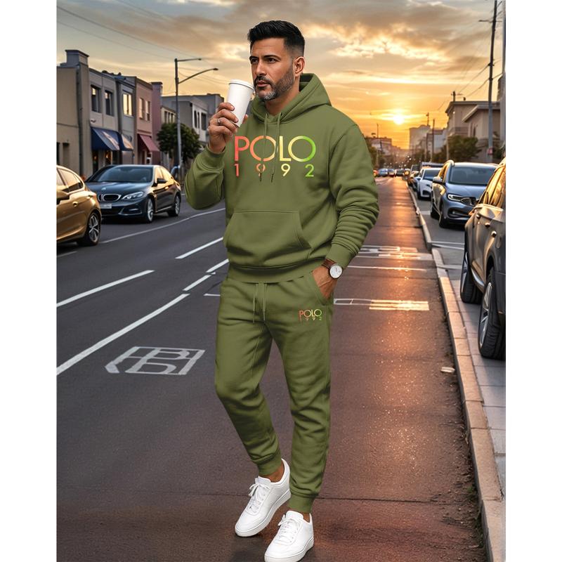 Men's Polo Pattern Print Hoodie and Drawstring Sweatpants Set, Menswear, Casual Athletic Long Sleeve Hooded Jacket & Trousers for Fall & Winter, Men's Clothing for Daily Wear, Sportswear Indoor Outdoor, Tracksuit, Athleisure