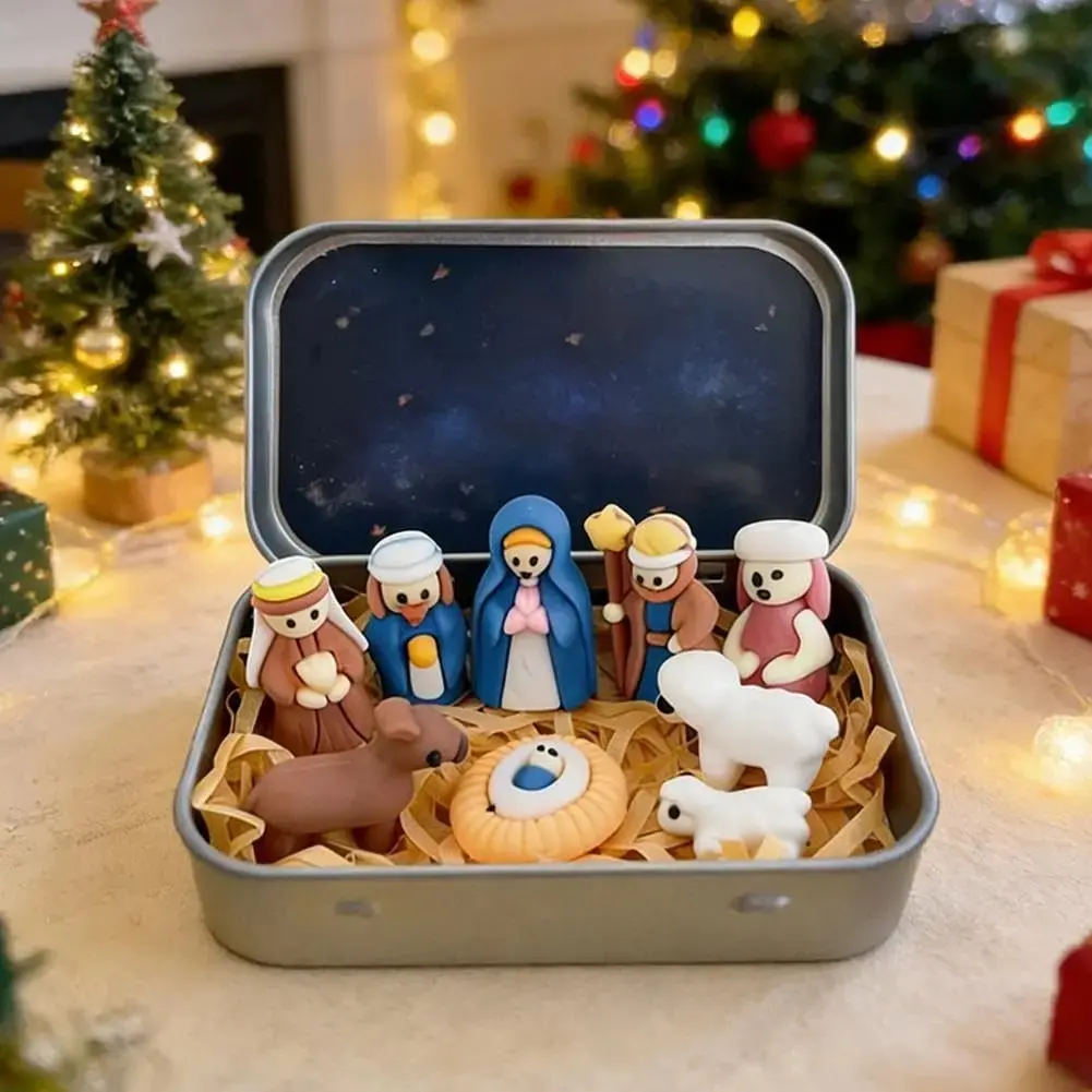 Mini Nativity Set in a Tin Box, Miniature Holy Family Nativity Figures, Birth of Jesus Scene with Holy Family, Sheep & Baby Jesus Figurines, Christmas Small Religious Scene Ornament, Indoor Tabletop Decor & Religious Holiday Gift