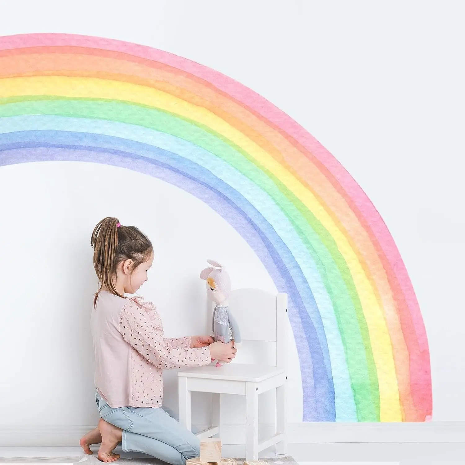 55"x63" Large Watercolor Half Rainbow Wall Decals, Peel and Stick Vinyl Mural Art Stickers for Girls Bedroom, Kids Nursery, Living Room, Playroom, Toddler(Gift)