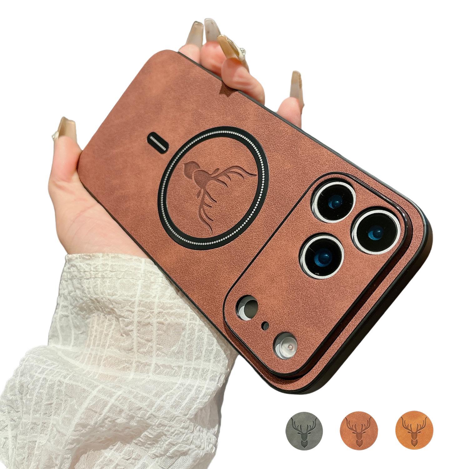 [Free!!Ship!] Mag Safe Classic PU Leather Case for iPhone 17 Pro Max 16 Plus 15 14 13 Matter Fawn Pattern Shockproof Protection Phone Cover
