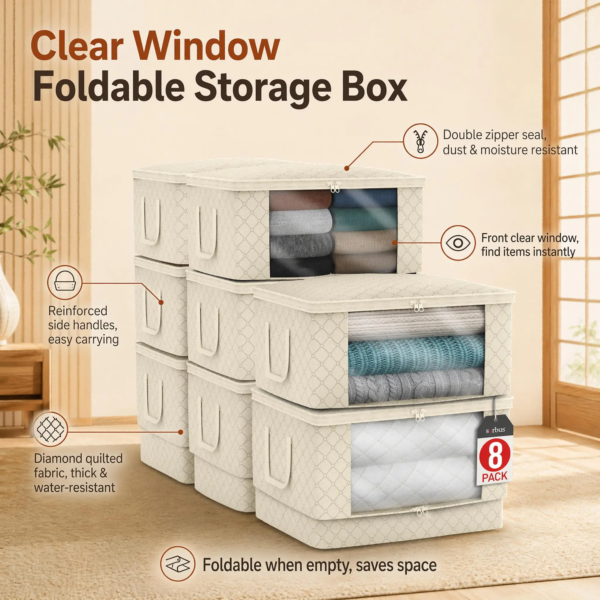 2/4/6/8 Pack Quilted Fabric Clothes Storage Boxes with Clear Window & Dual Handles, Foldable Zipper Closet Organizer Bins for Bedding Garments Bedroom Home Organization