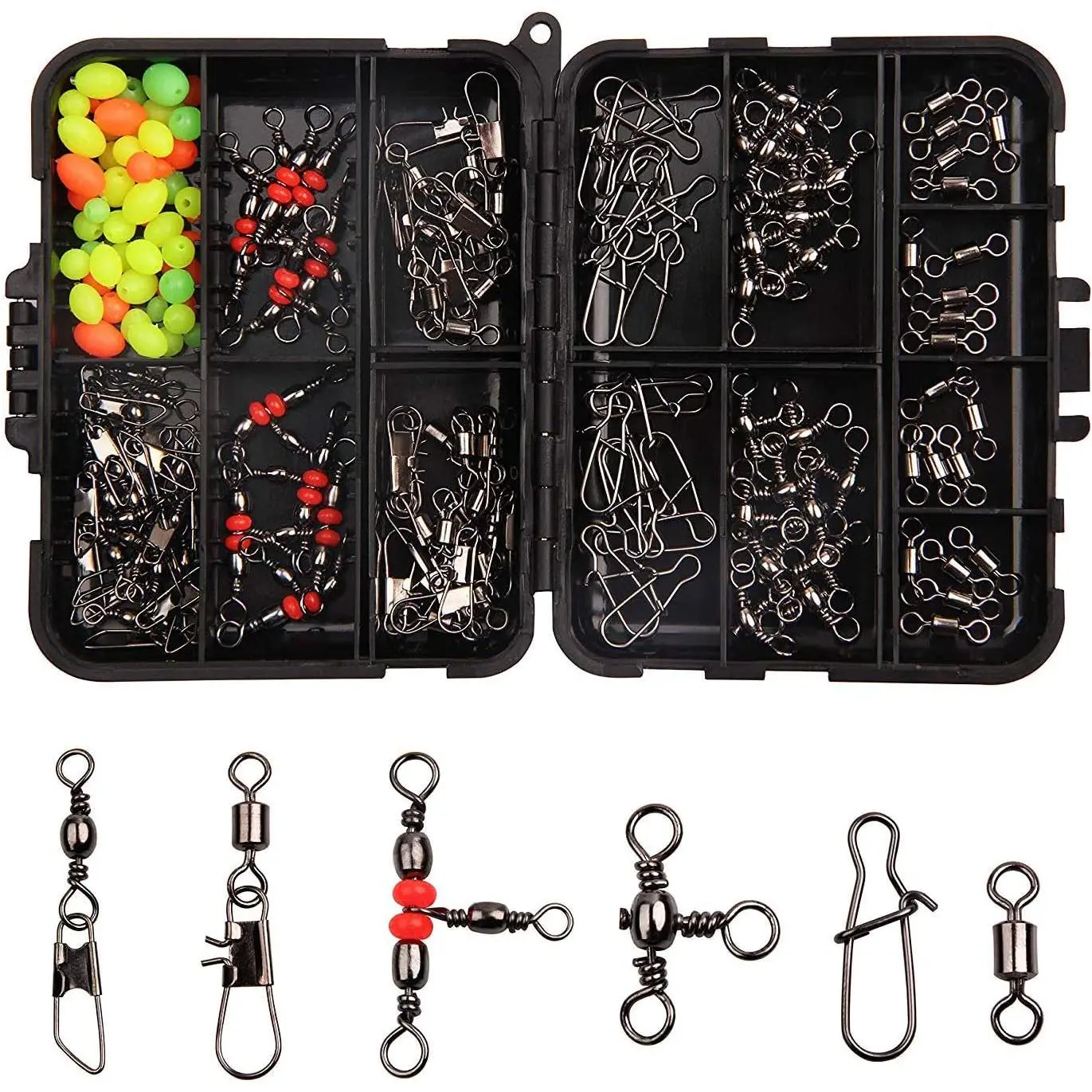 140 count Fishing Swivels, 6 Types High Strength Fishing Swivels Snaps Kit | Include Barrel Swivels, 3 Way Swivels, Multi Sizes Snap Swivels Fishing Tackle Box for Bass Trout Freshwater Saltwater