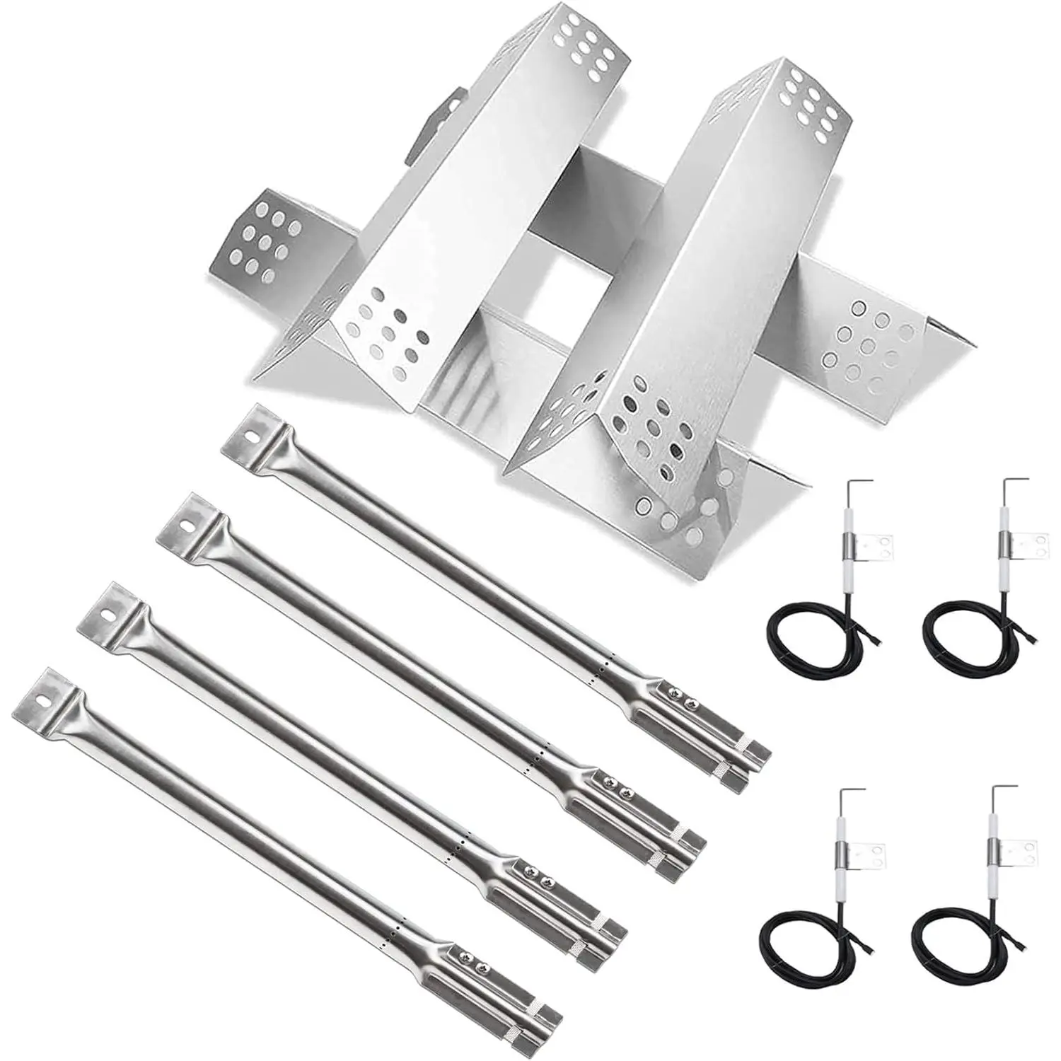 Gas Grill Repair Kit, 8-Piece Stainless Steel Replacement Parts with 4 Burners and 4 Heat Plates, Includes Extension Clips and Screws, 14 7/8 Inch, Includes Screws, Multiple Burners Stove Accessories, Burner Tubes, Heating Components