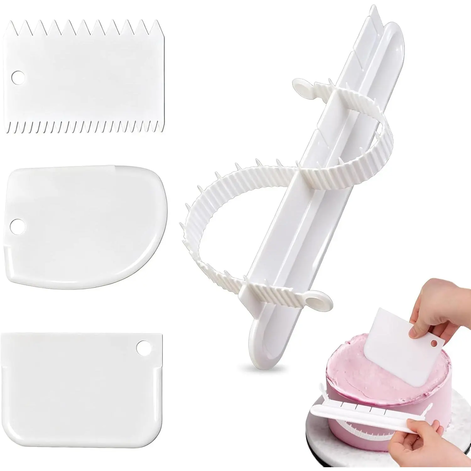 4 count Cake Decorating Tools Set, 1 Cake Arch Guide Tool & 3 Cake Scraper , Adjustable Arc Divider, Fondant Icing Smoothing Tools for DIY Cakes, Bread and Desserts