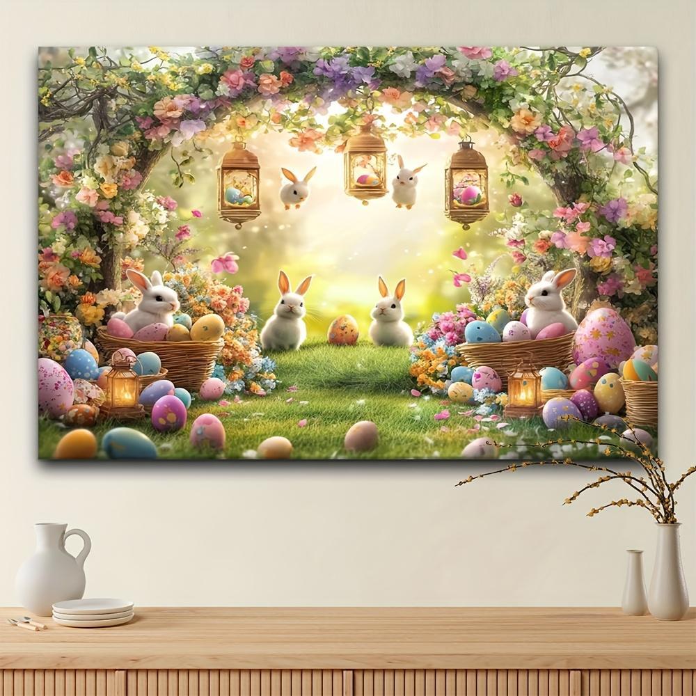 [Easter Spring Parties] 2D Flat - A 2D Flat Banner, One Piece of a Rustic Easter Arch Photo Backdrop Featuring Rabbits And Colorful Egg Baskets - a Vibrant Polyester Banner Suitable for Spring