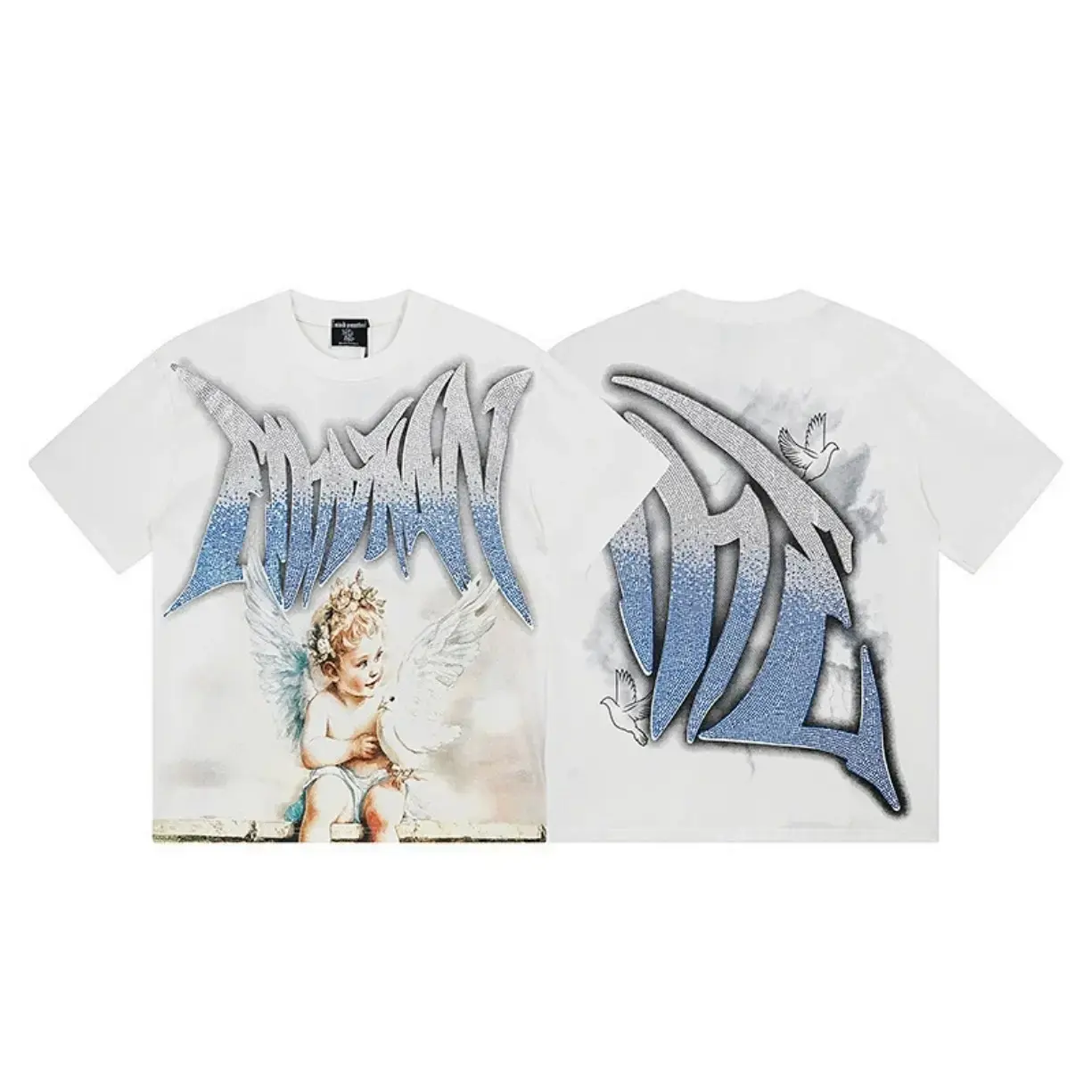 Mixed Emotion Diamond Angel Graphic Tee, Vintage Washed Oversized Cotton T-Shirt for Streetwear, Y2K Hip Hop Summer T-Shirts Short Sleeve Casual Tee Top