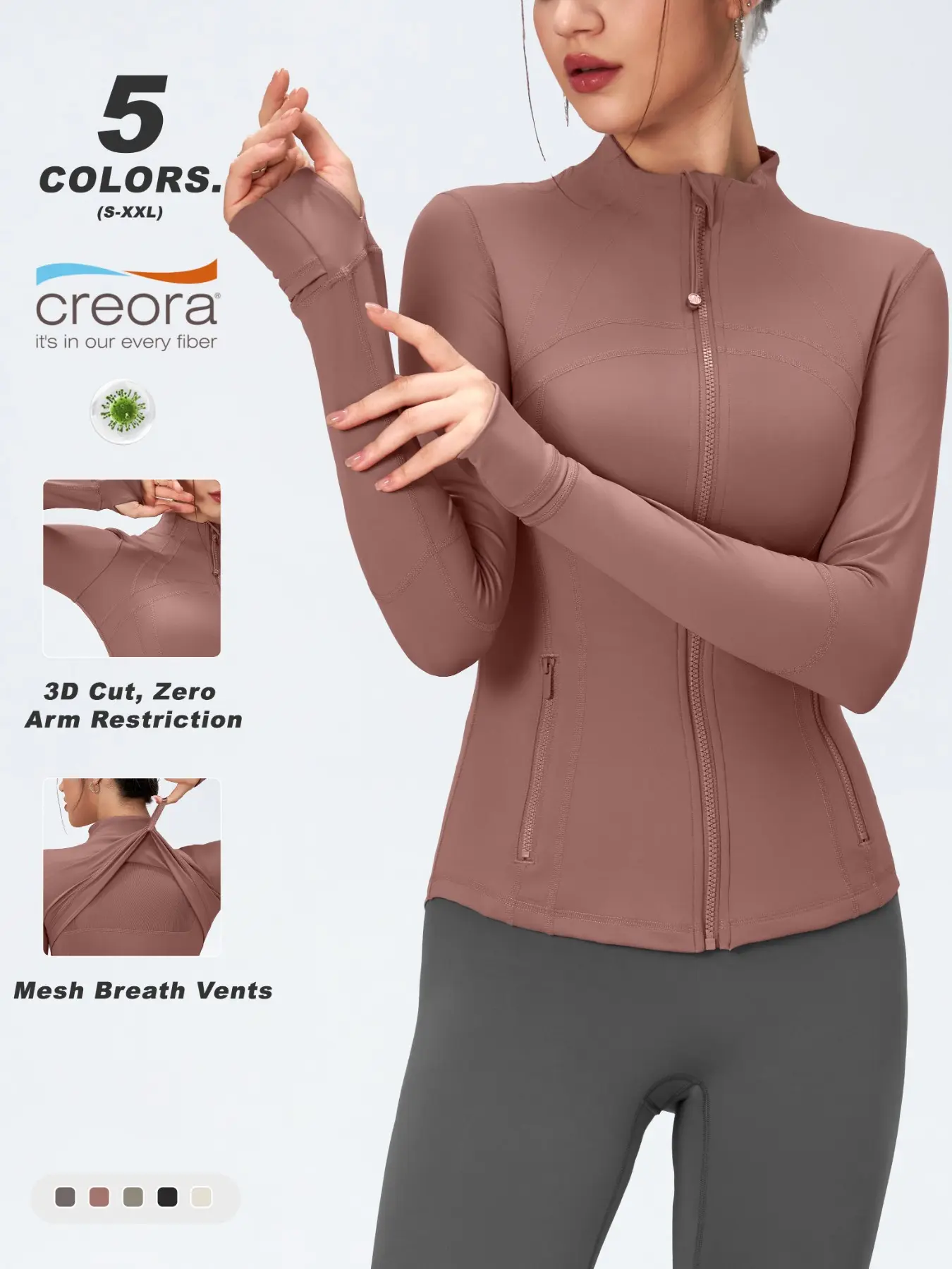 3D Cut Full Zip Athletic Jacket with Mesh Breath Vents, Women Stand Collar High Neck Thumb Hole Long Sleeve Slim Fit Summer Workout Active Coat, Premium Nylon Spandex High Quality Gym Outerwear for Yoga Running Daily Athleisure, 5 Colors S-XXL