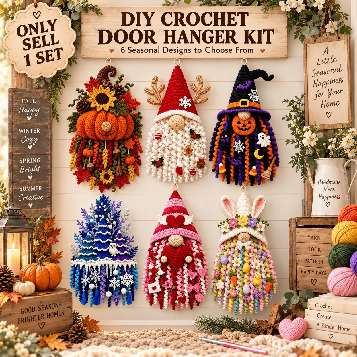 1 Set DIY Crochet Door Hanger Kit, Seasonal Gnome Craft Set with Farmhouse Style and Textured Details, Beginner-Friendly Wall Hanging Supplies for Adults, Front Door, Porch, Home Decoration, Halloween and Christmas Decor