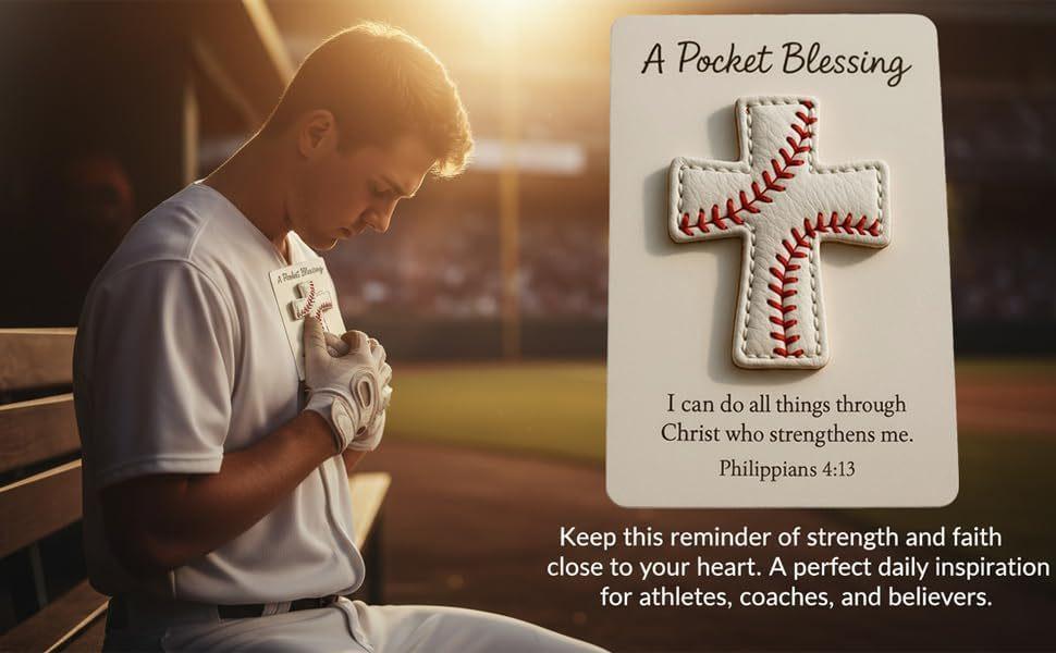 Baseball Cross Token Gift, Leather Pocket Blessing Card for Athletes