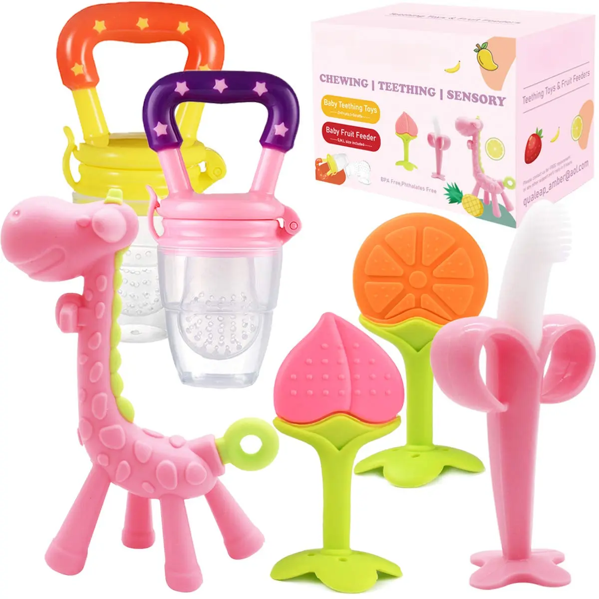 Medical-Grade Teething Toys  Babies 0-6 6-12 12-18 Months - with Adorable Baby Teethers & Baby Fruit Feeders - Soft Textures  Infant and Toddlers (Pink)