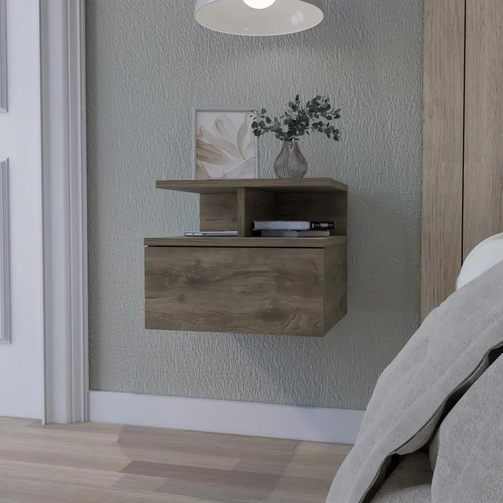 Floating Nightstand with 1 Drawer and 2-Tier Shelf, Wall Mounted Bedside Table in Engineered Wood with Melamine Finish for Modern Bedrooms