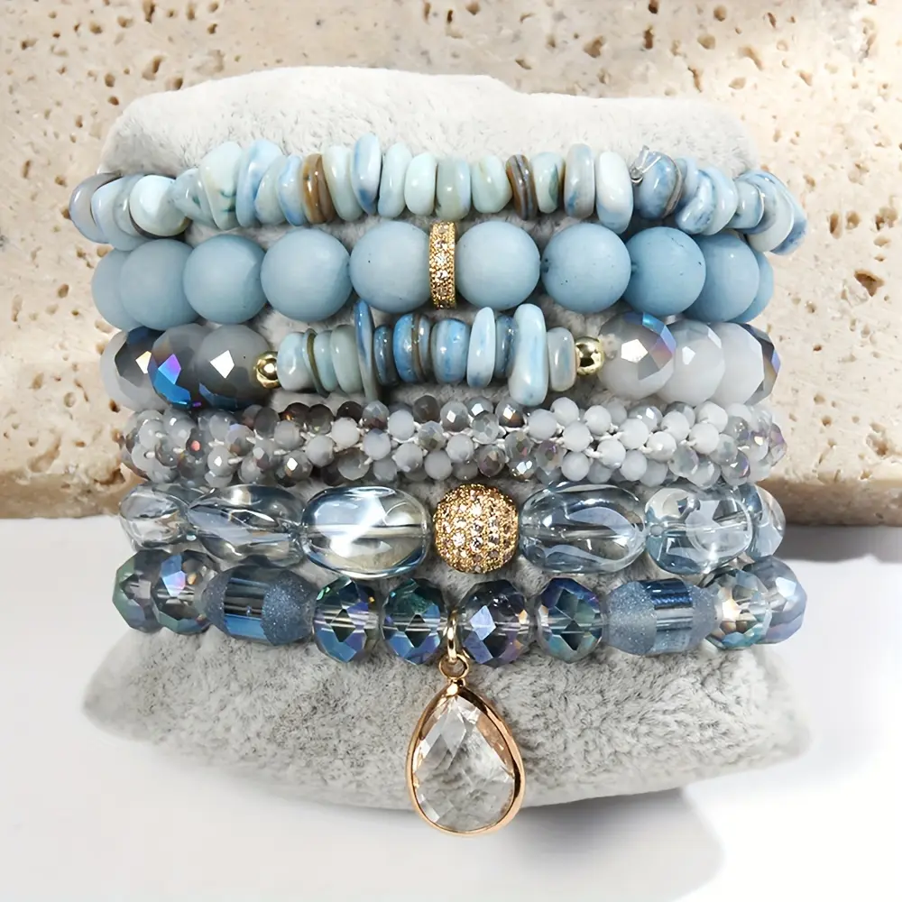 [Boho Natural Stone Bracelet Set] 6pcs Boho Natural Stone Beaded Bracelet Set | Stackable Multi-Layer Handmade Stretch Bracelets, Featuring Zirconia Crystal And Tiger Eye Charm, Fashion Boho Bracelet Jewelry For Women, Perfect Birthstone Gi