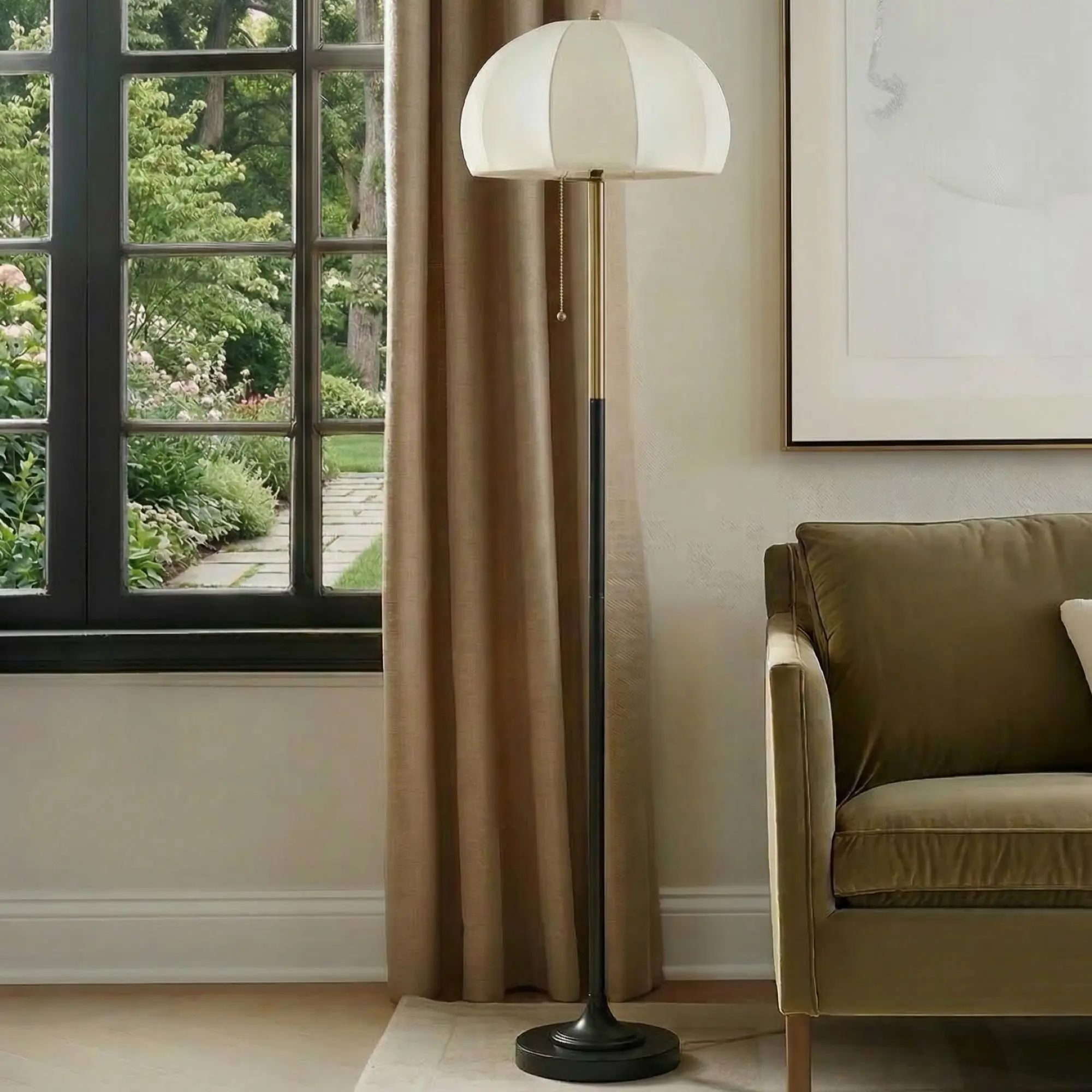 Nokaa Textured Ceramic Floor Lamp with Fluted Fabric Shade, White, Modern Standing Lamp for Living Room, Bedroom, Office, Tall Pole Light with Elegant Drum Shade, E26 Base, Home Decor Lighting Fixture