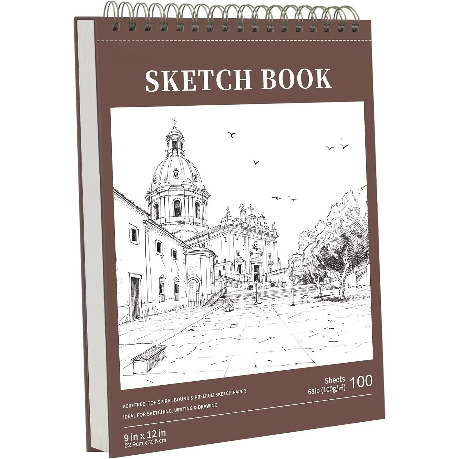 9" x 12" Hard Cover Sketch Book, Top Spiral Bound Sketch Pad, 100 Sheets 68lb/100gsm Drawing Paper, 1 Pack