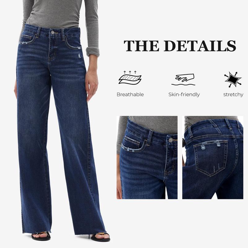 ONESO Mid-Waisted High Stretchy BBL Wide Leg Baggy All Season Jeans Tummy Control Outdoor Indoor Distressed Denim Pants Woman Soft Bottom Comfortable Denim Jeans Plus Size Regular Size