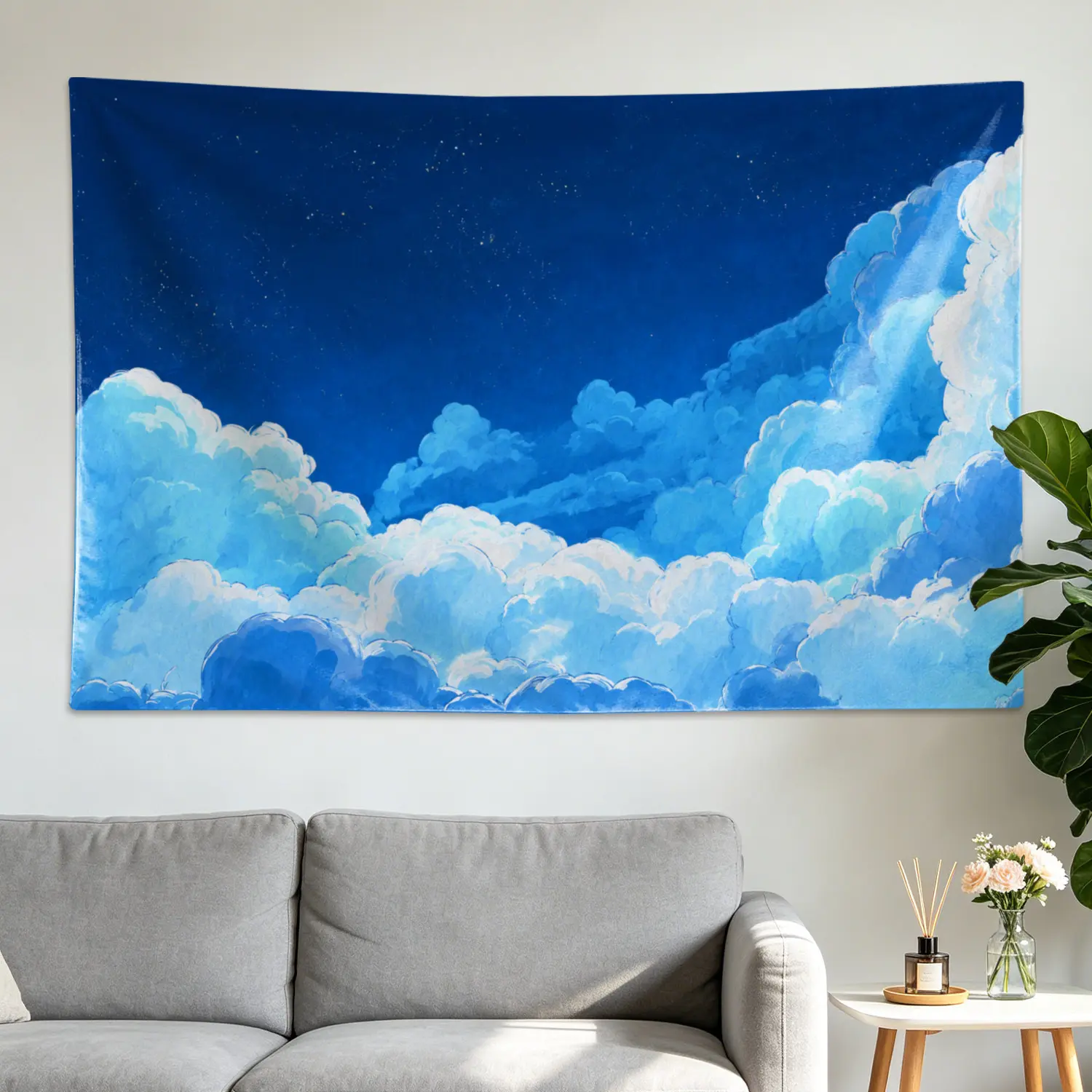 Large-Size Blue Night Sky Cloud Print Wall Tapestry - Fluffy Polyester Wall Hanging Decor, Artwork for Bedroom Room Decor, No-Installation Indoor Gift Idea for Family