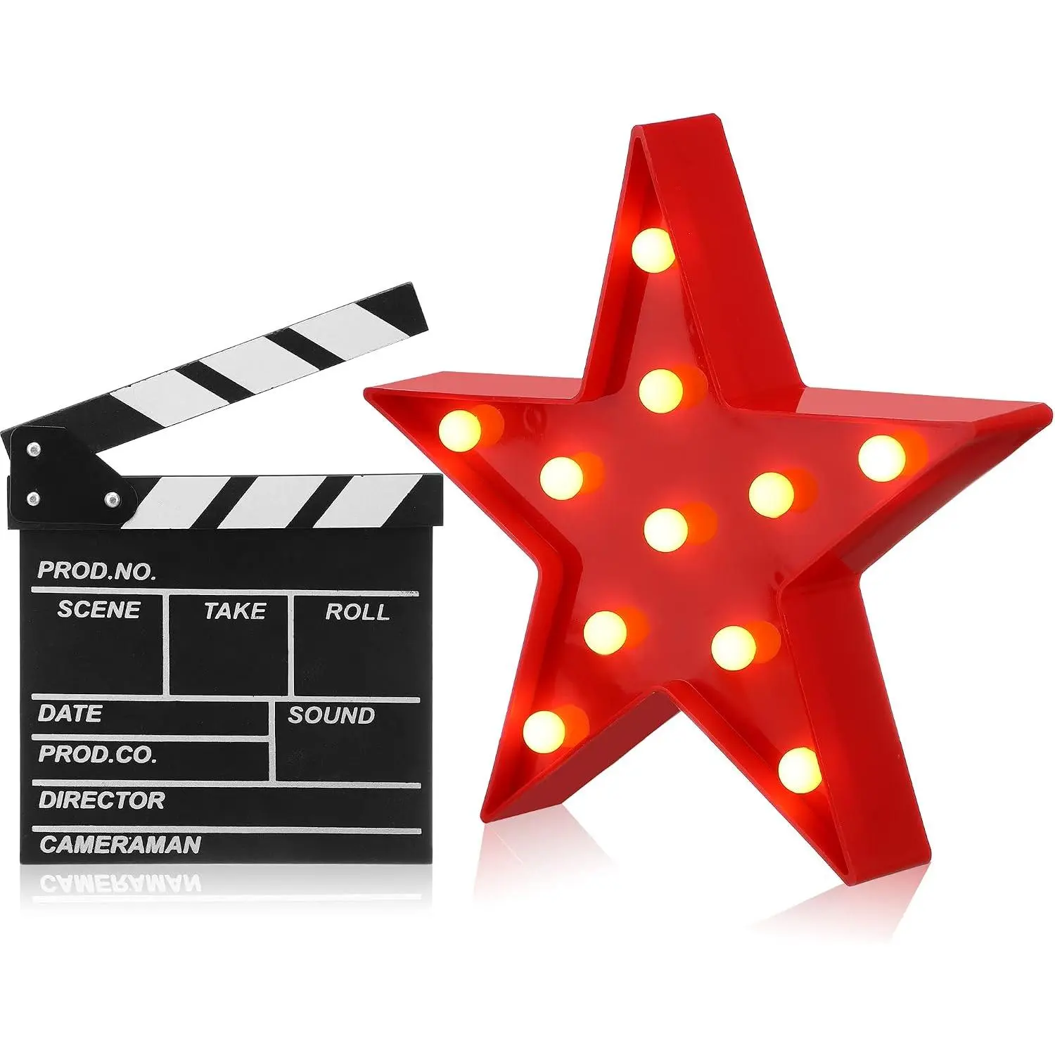 2-Count Movie Night Party Supplies Set - Wooden Hook-Mounted Modern Film Clapper Board & LED Marquee Light Wall Decor, Festive Theater Props with LED Lighting for Home Party Decorations, Synthetic