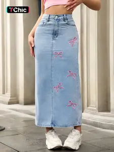 Elegant Women's Bow Embroidered High Waist Denim Skirt, Fitted Skirt, Slimming Split Bodycon Midi Dress, Fashionable Casual Wear, Street Fashion Skirt, Casual Streetwear Skirt