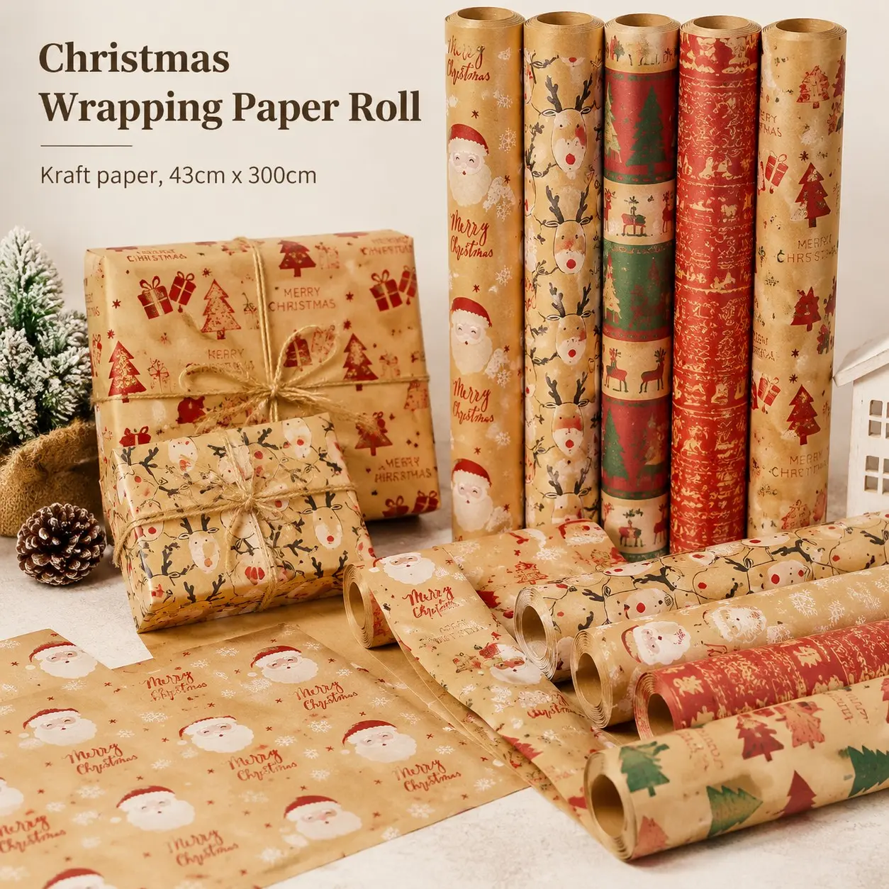 1 Roll Christmas Gift Wrapping Paper, 3m/118ft, 43cm Width, Thick Kraft Paper, Ideal for Gifts, Parties, Home Use, Festive Design