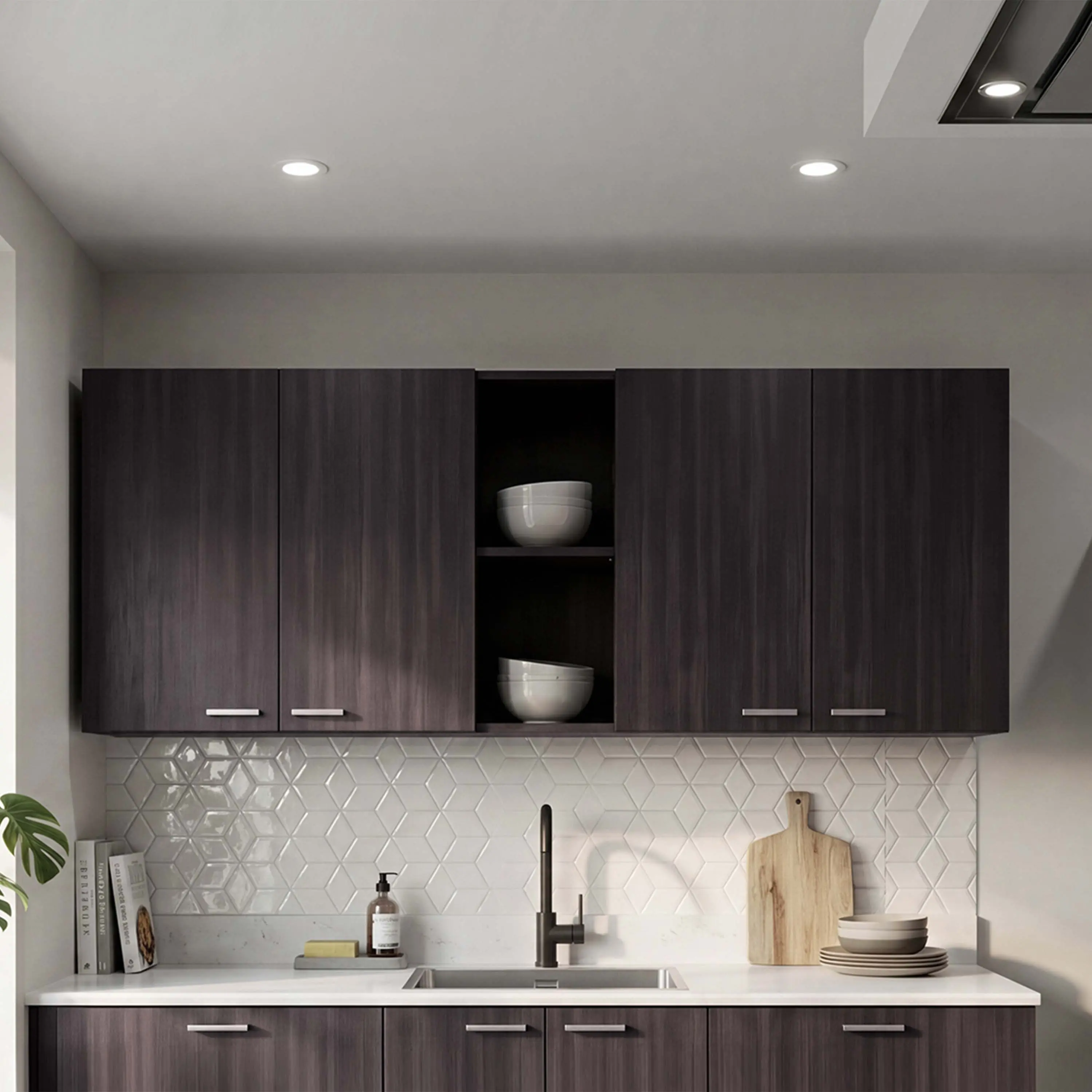 Nokaa Wall Mounted Kitchen Cabinet with Built-In Dish Rack, 59.1" Wide Four-Door Storage, Double Door Organizer with Metal Handles, Two Open Shelves & Two Interior Shelves, Dark Walnut Particle Board, Modern Wall Organizer for Dishes and Appliances