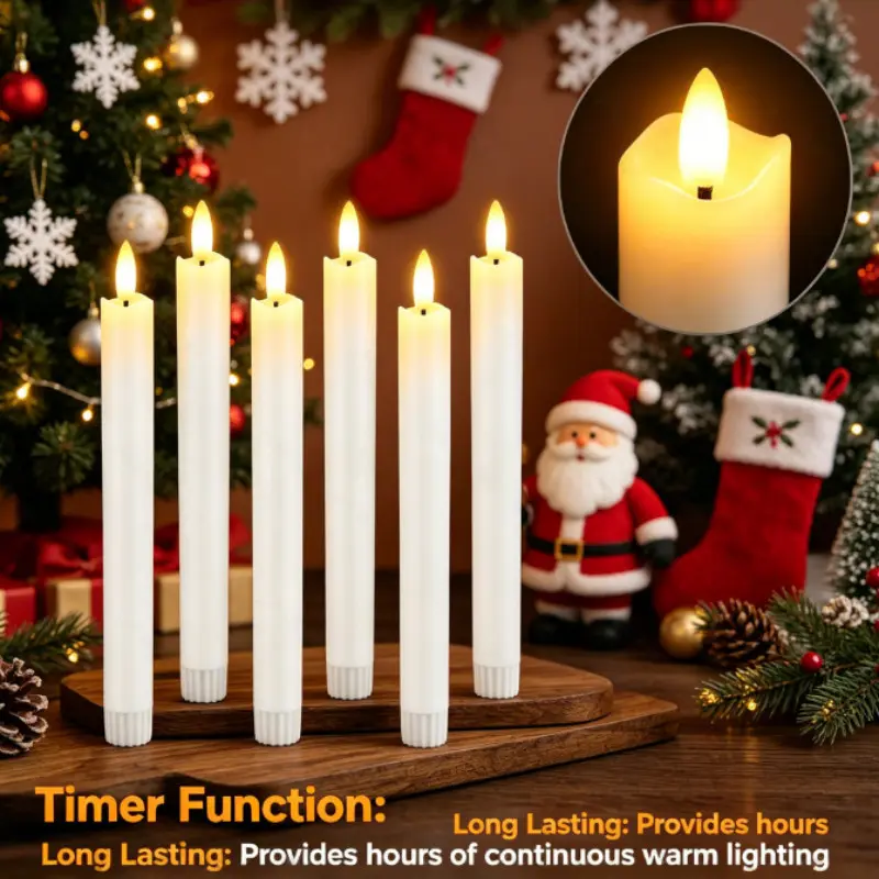 Battery Operated LED Flameless Taper Candles, Real Wax 3D Wick Flickering Candles with 10-Key Remote Control & Timer, White Decorative Candles for Dinner Wedding Christmas Holiday