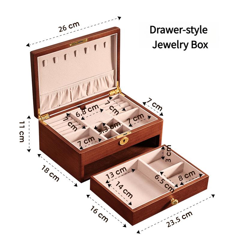 Solid wood embedded double-layer home jewelry box, desktop earring and ring storage box, flip-top lockable accessory storage box