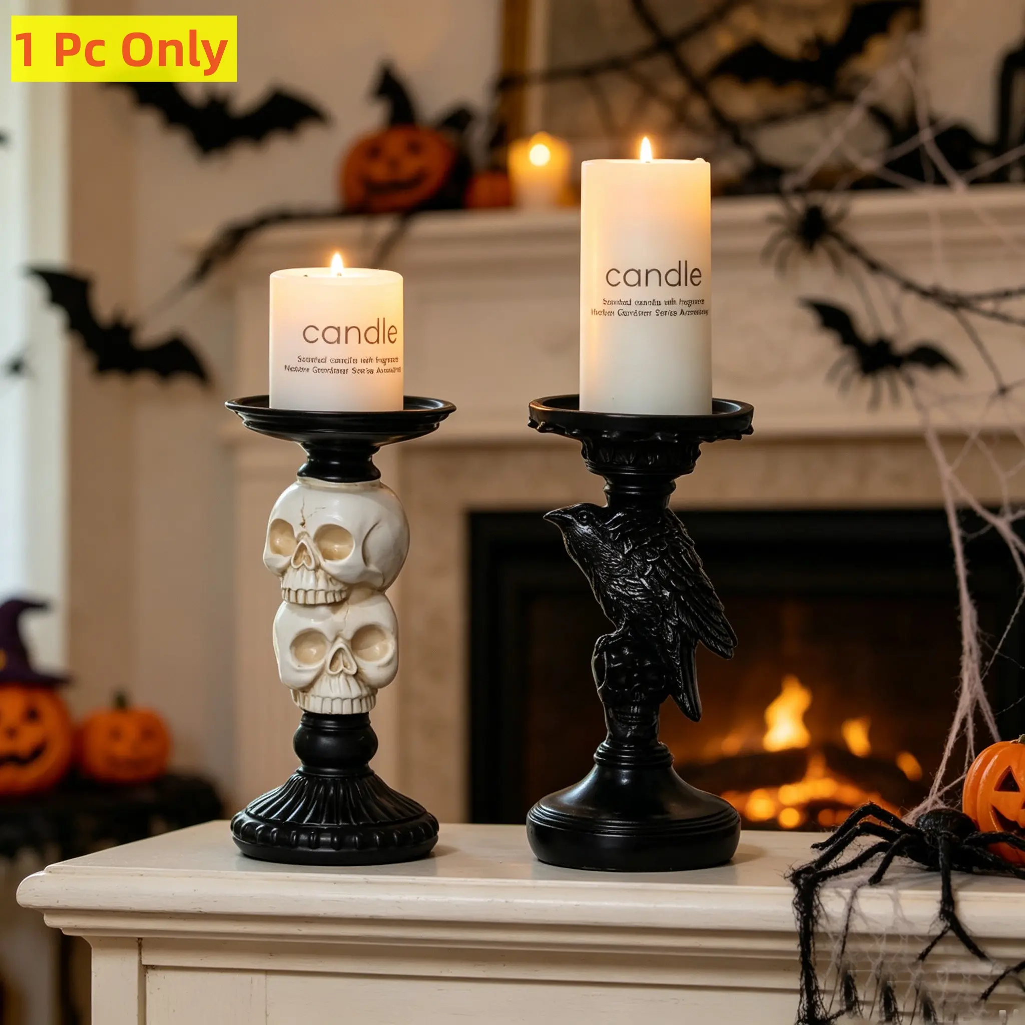 Skull Candlestick Holder for Halloween Decoration, Skeleton Spooky Decor Pillar Candle Holder, Antique Appearance Creepy Skeleton Black Taper Candle Holders for Halloween, Halloween Indoor Tabletop Decorations for Party Home Mantel Fireplace