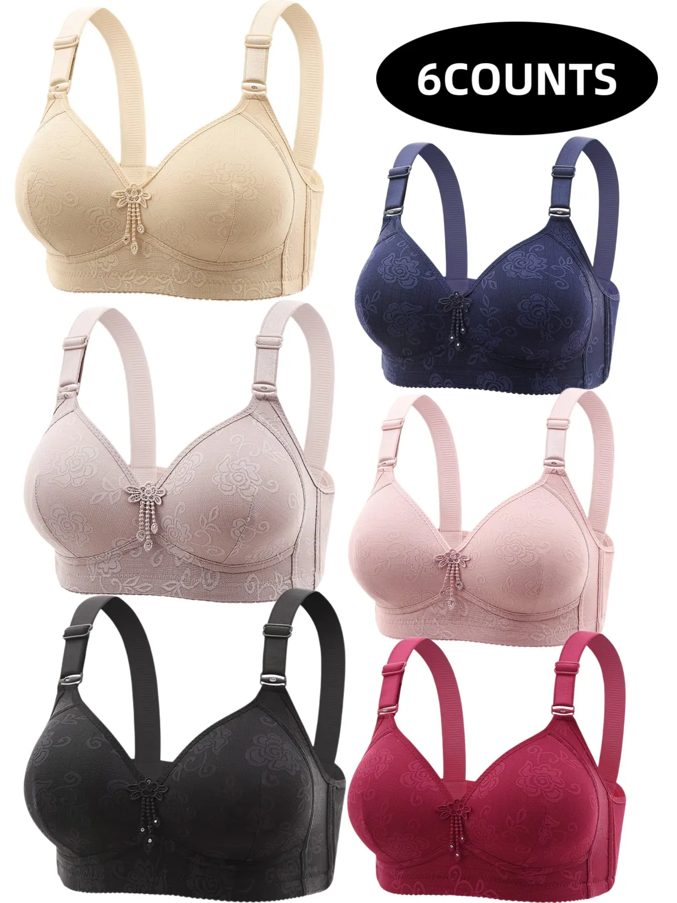 6-Pack Women's Lace Wireless Push-Up Bras, Seamless Comfort Fit, Daily Wear Underwire-Free Bra, Breathable Soft Fabric, Full Day Support