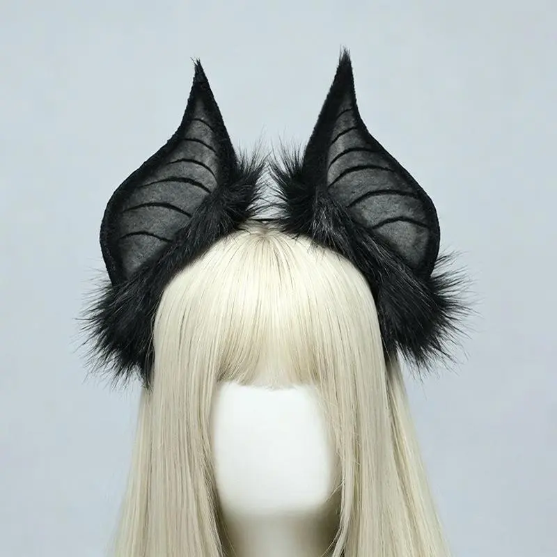 Black Bat Ears Headband - Faux Fur Devil Horns Hair Hoop, Lightweight PU Leather Eco-Friendly Gothic Anime Cosplay Bag Accessory with Detailed Wings for Halloween Party Photo Props, Flexible Band