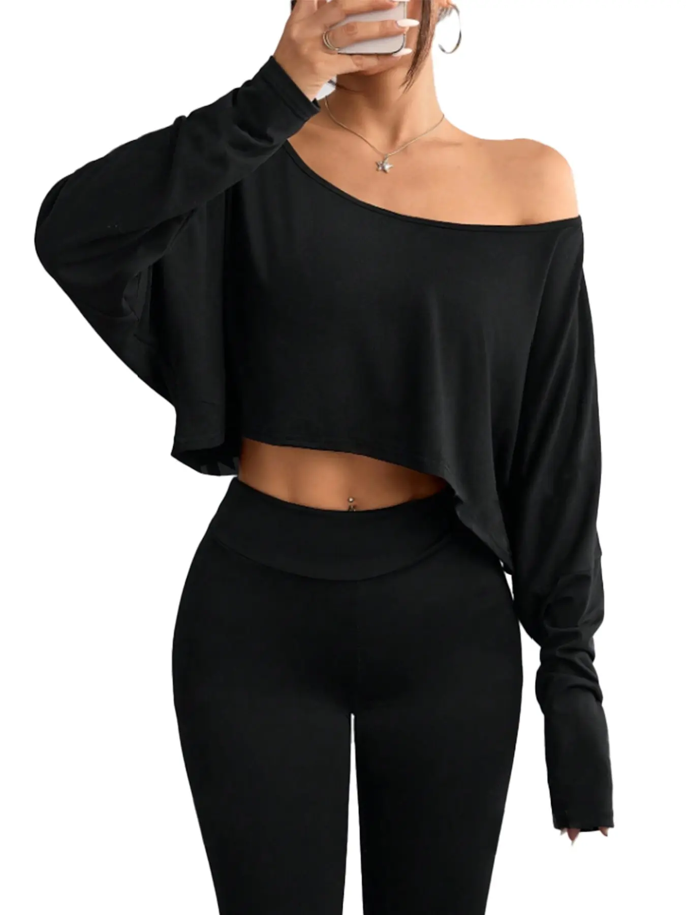 2026 European Style Spring Summer Fashion Sexy Asymmetrical Batwing Sleeve Long Sleeve Slimming Waist Top for Women