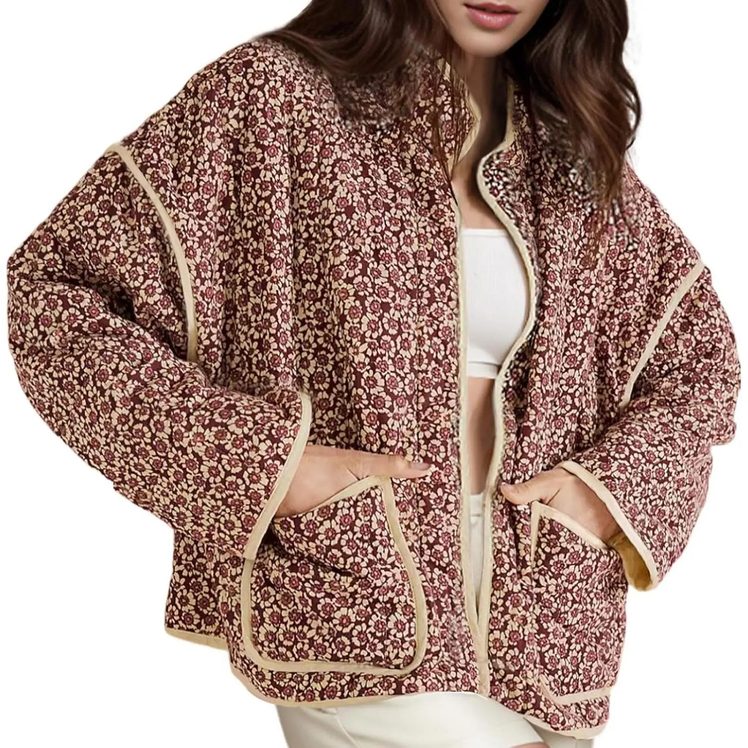 Women's Cropped Quilted Jacket Floral Print Puffer Jackets Open Front Lightweight Jacket