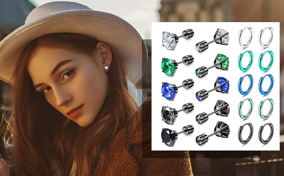 FIBO STEEL 10 Pairs Stainless Steel Back Earrings Set for Men Women Hypoallergenic Stud Earrings Huggie Hoop Earrings Multicolor Piercing Jewelry FIBO STEEL 10 Pairs Stainless Steel Back Earrings Set for Men Women Hypoallergenic Stud Earrings Huggie Hoop Earrings Multicolor Piercing Jewelry