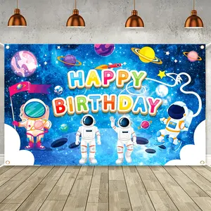 Happy Birthday Space Theme Polyester Banner - Multi purpose Astronaut and Planet Pattern Photography Background for Children and Teenagers' Parties - No Power Required - TC
