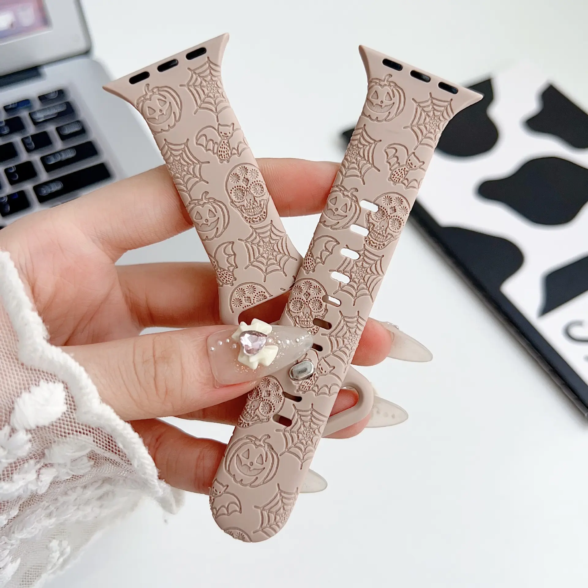 Engraved Silicone Watch Band with a Subtle Spooky Pattern - Cute Fall & Halloween Aesthetic Wearable Accessory, Accessories, Strap