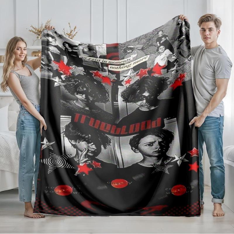 1 piece Trueblood Band Black, White, and Red Style Photo Collection themed flannel blanket - Modern-style flannel blanket, suitable for sofas and beds, all-season use, super soft and comfortable, digital printing, 100% polyester material, machine birthday