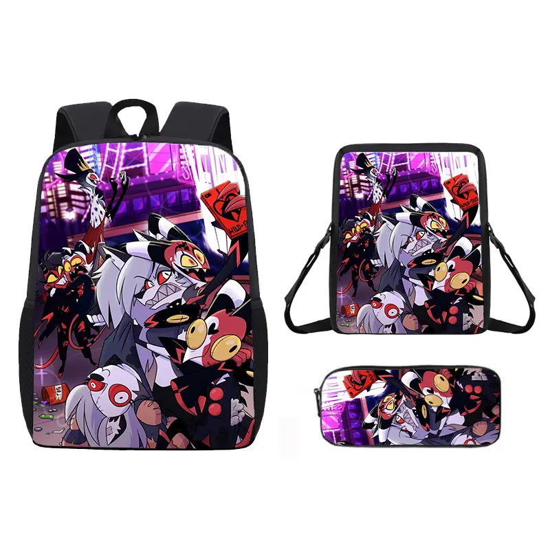 Durable Water Resistant 3-Piece Backpack Set for Teens, Multiple Styles Hazbin Hotel Charlie Alastor Angel Dust Anime Character Print School Backpack with Lunch Bag and Pencil Case