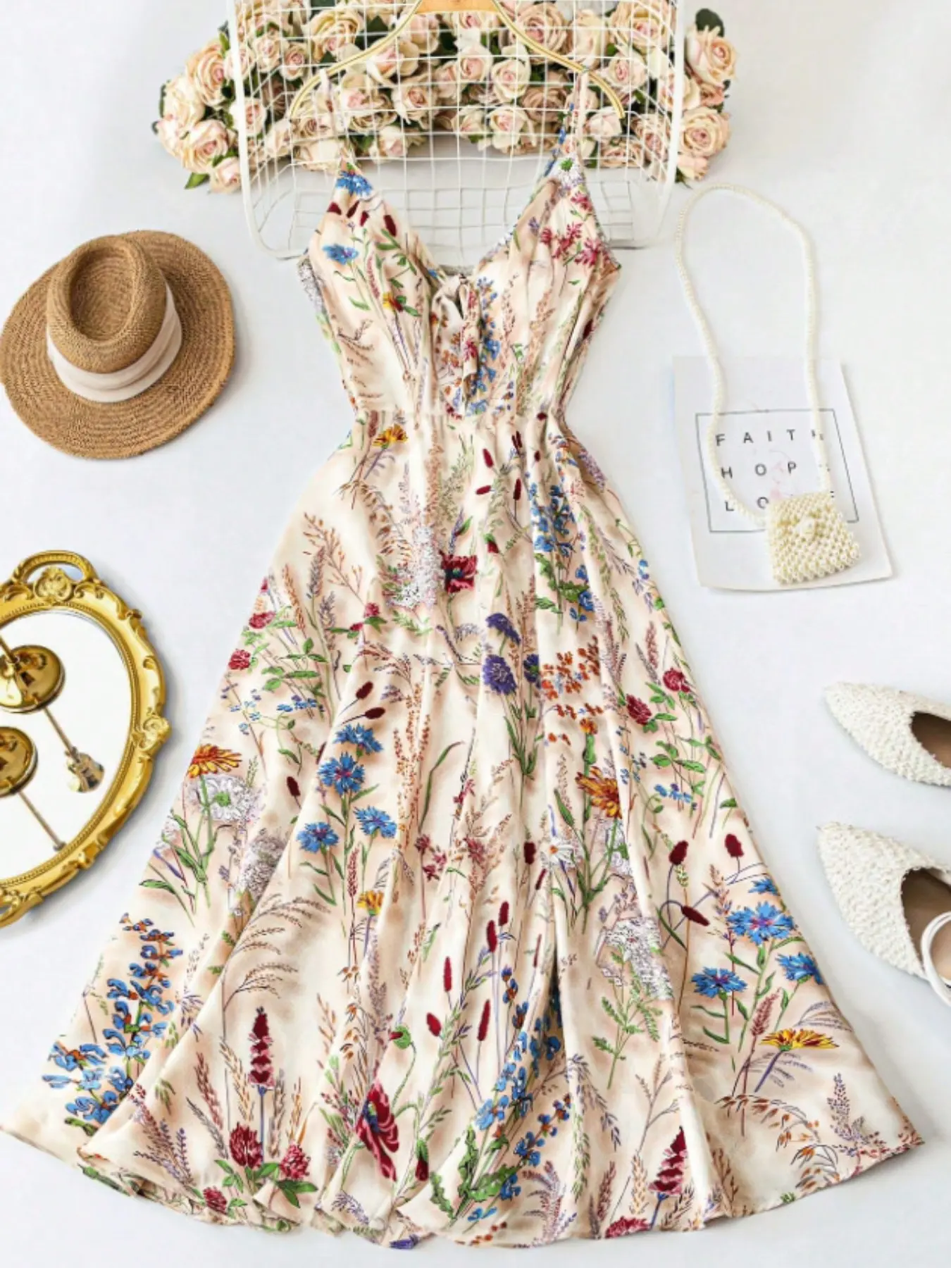 New Country Floral Boho Halter Long Dress, Back Elastic High Waist Slimming A-Line Dress, Beach Vacation Date Elegant Dress
