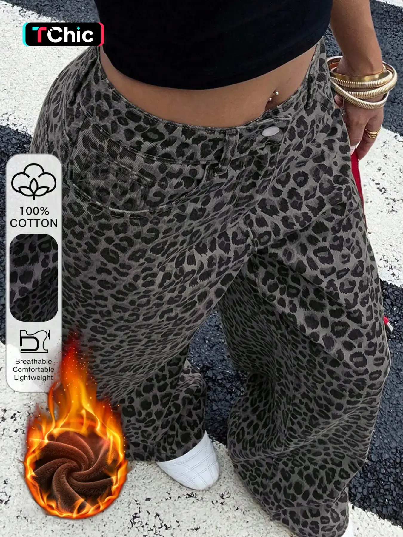 American Vintage Leopard Print Wide Leg Pants, Fleece Lined Winter Warmth, Elastic Waist, Long Jeans for Daily Wear and Outing