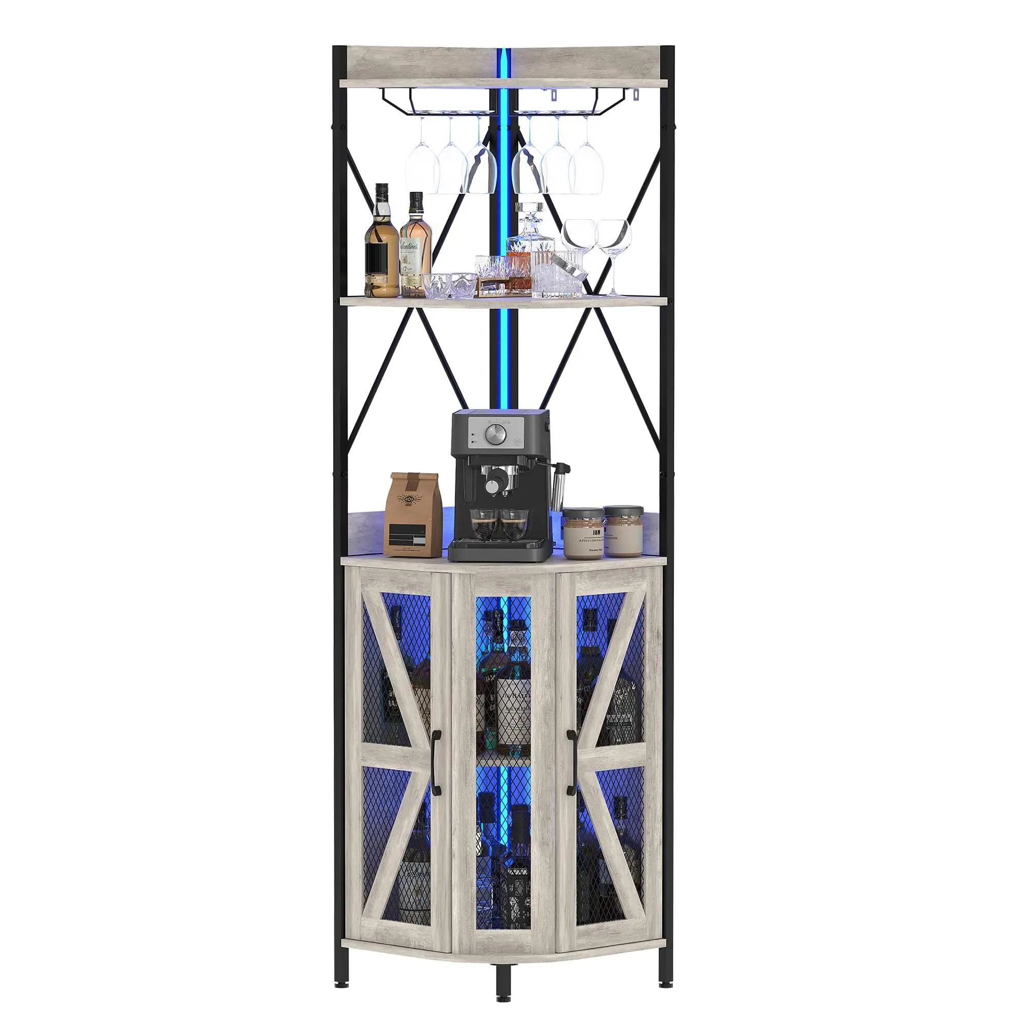 Space-Saving Industrial Corner Bar Unit, 5-Tier Collapsible Wine Cabinet with LED, Power Outlet, Glass Holder & Adjustable Shelves