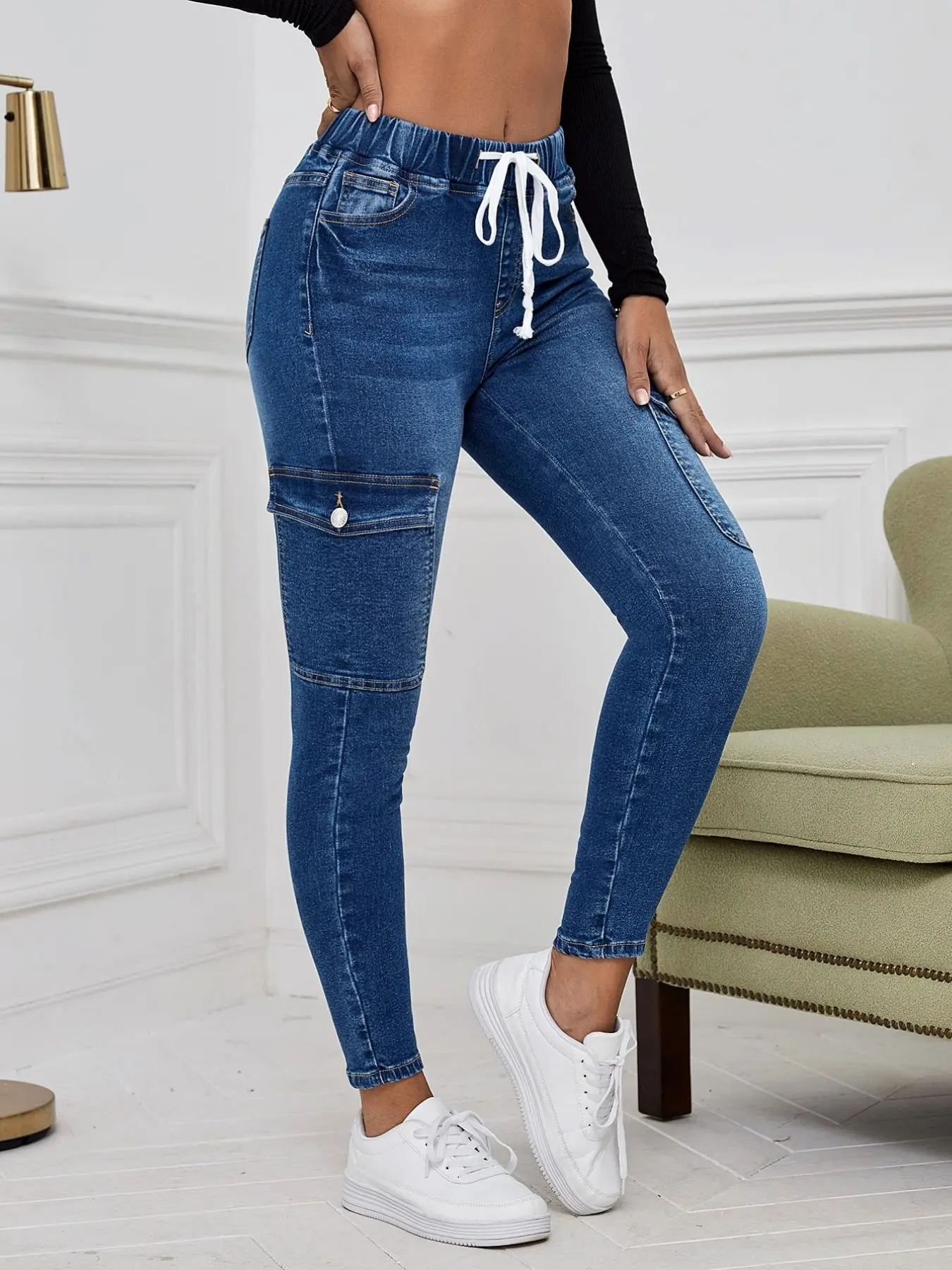 Elastic Drawstring Workwear Jeans, Bottom, Side Large Pockets, Stretch Nine-Inch Slim Fit Jogging Casual Pants, Comfortable and Stylish, Stretchy, Adjustable