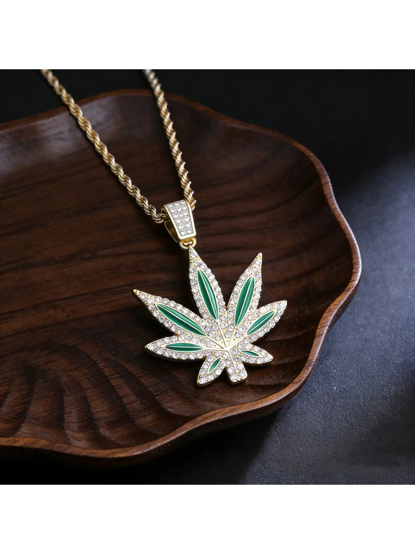 Iced Out Green Enamel Maple Leaf Pendant Necklace - Gold Silver Tennis Rope Chain Hip Hop Jewelry for Men Women Fashionable Accessory