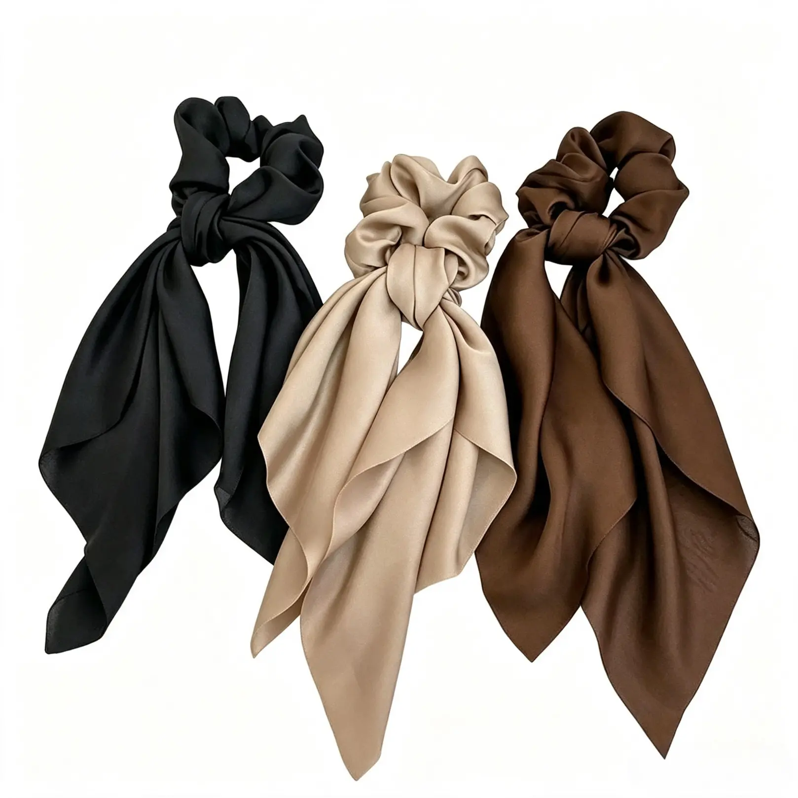 Solid Color Satin Bow Scrunchie Set, Long Ribbon Hair Ties, Soft Elastic Hair Accessories For Thick Hair, Ideal For Daily Outfits, Parties And Casual Styling