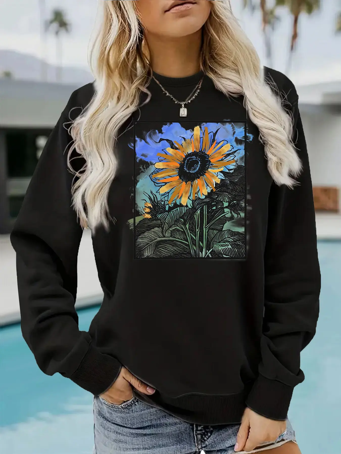 Women's Casual Sunflower Pattern Sweatshirt, Soft Long Sleeve Round Neck Fleece Pullover, Comfortable Daily Wear