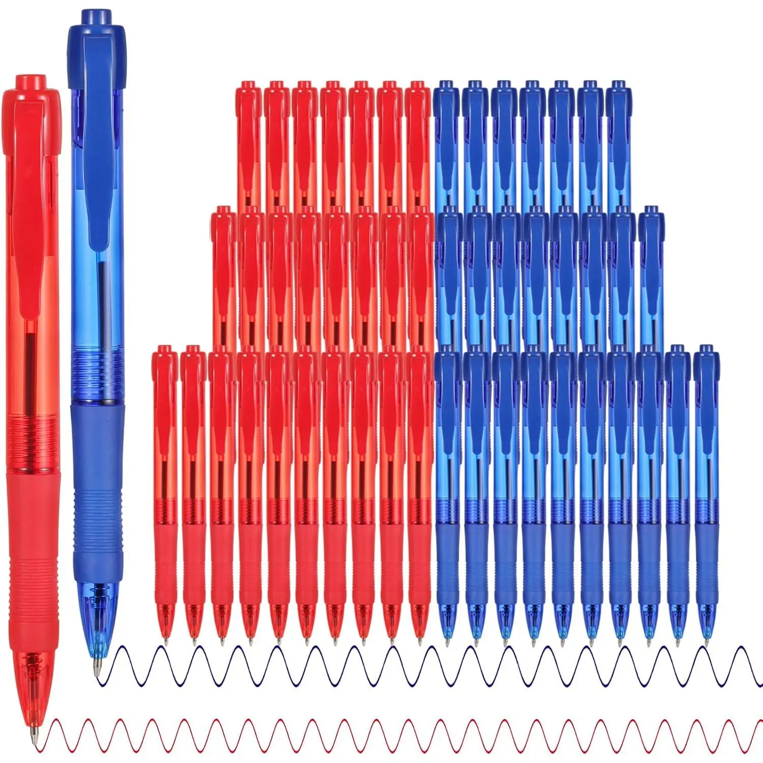 Pens Bulk, 50 Pack No Bleed Blue & Red Ink Pens with Soft Grip, Wholesale Retractable Ballpoint Pens for Office School, Medium Point 1.0MM