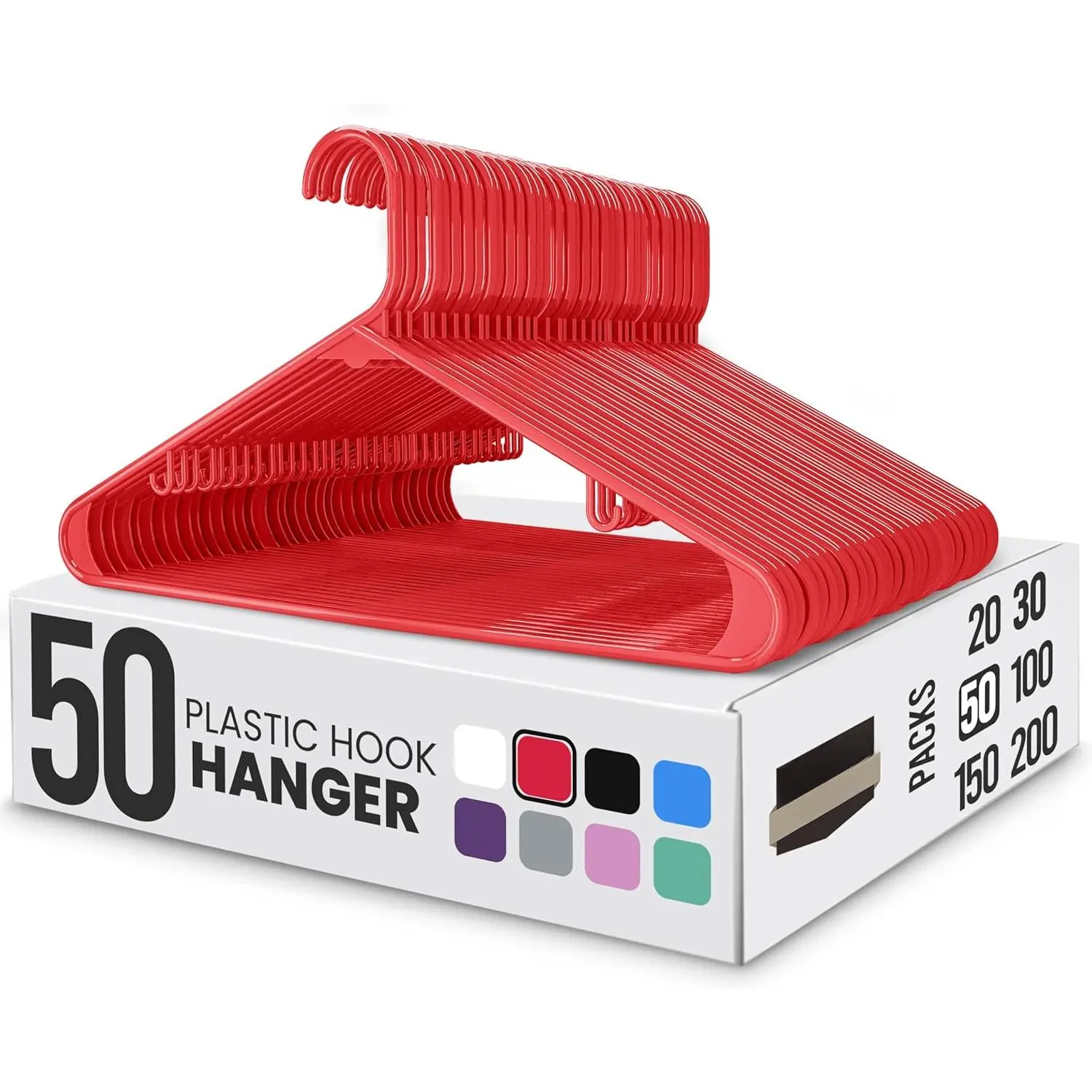 Home Plastic Hangers 50 Pack - Space Saving Clothes Hanger - Durable & Strong Closet Organizers and Storage with Built-in Strap Hooks - Essential for Shirts, Pants, Skirts & Coats (Red)